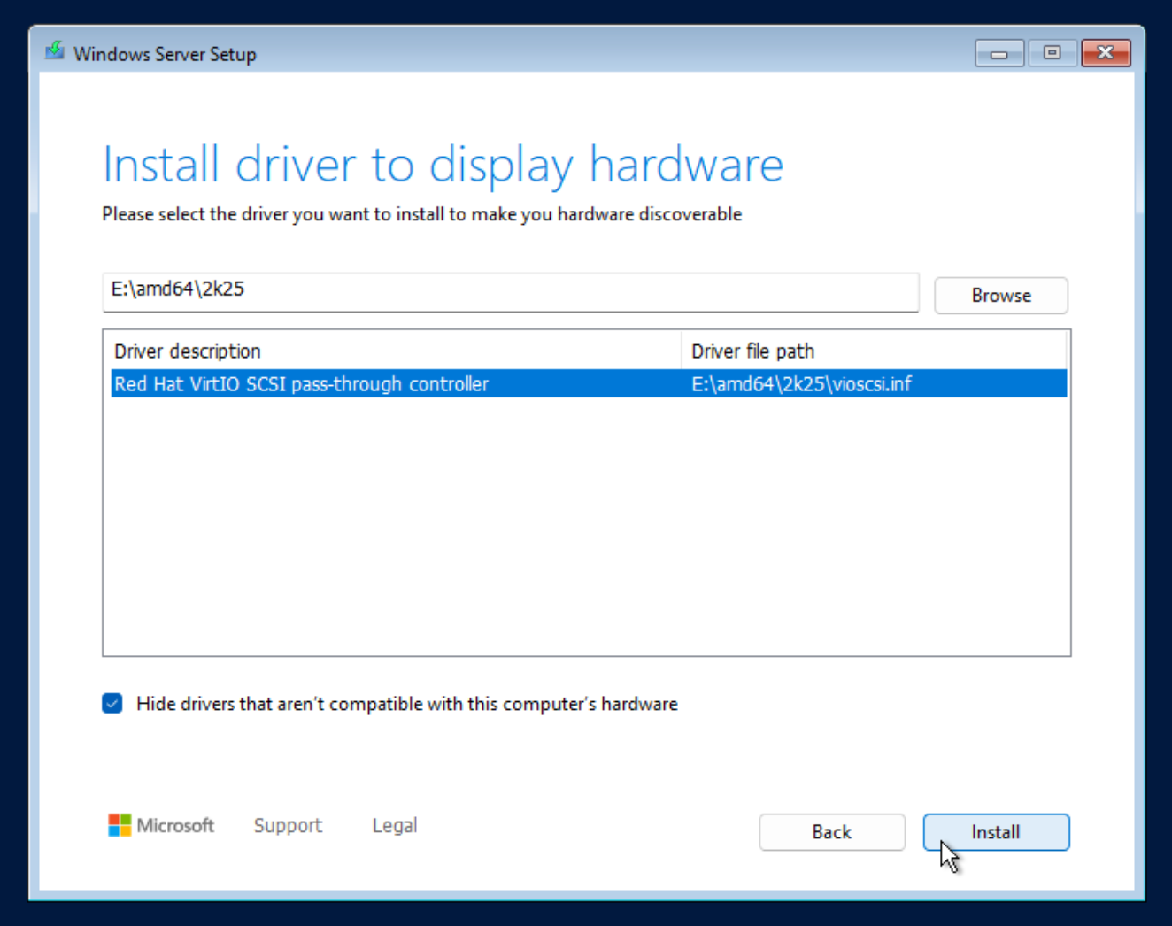 Windows installation - Browse for driver